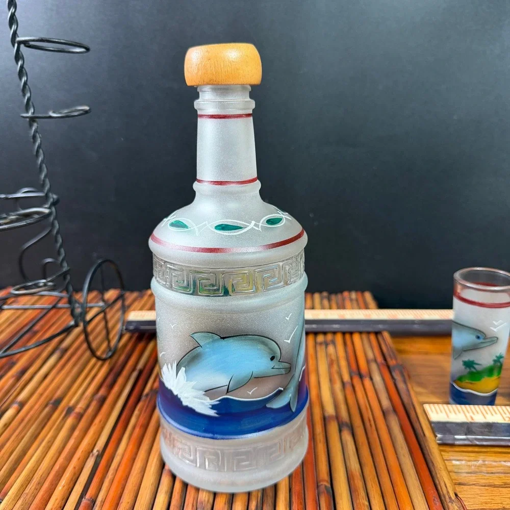 Dolphin Hand painted Decanter Set Rack w 6 shot glasses Island Tequila Tiki Set